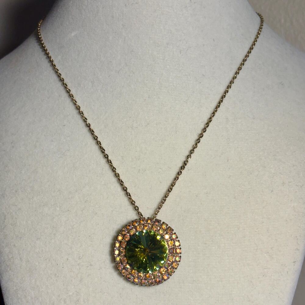Olive Green Pendant Necklace, Aurora Borealis, Gold Tone Chain Jewelry